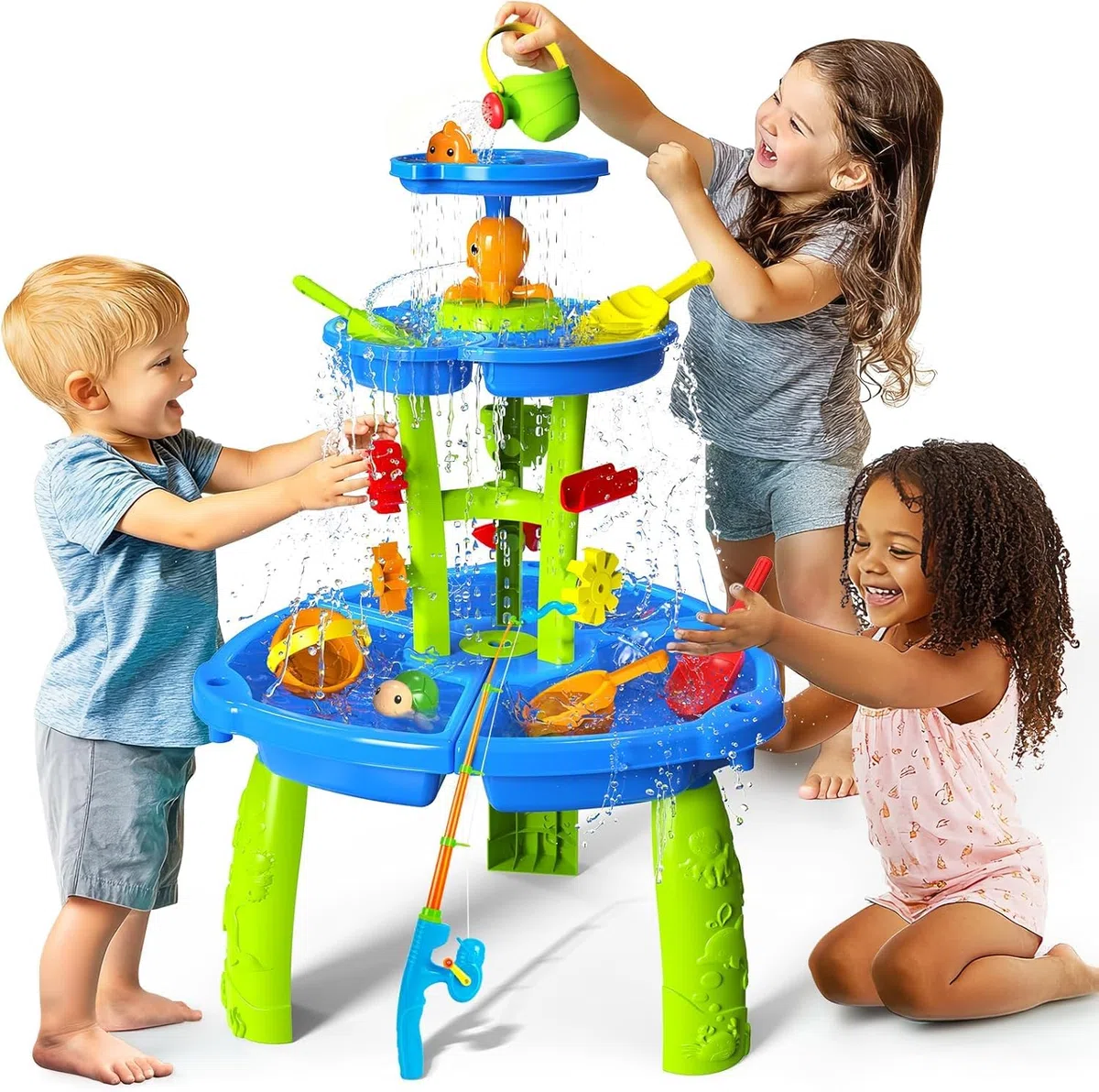 CozyBomB Tavolo da gioco d'acqua e sabbia per bambini, da esterno, a 3 piani, con ruota d'acqua, irrigatore e gioco di pesca, giocattolo d'acqua per bambini da esterno dai 3, 4, 5 anni, set completo