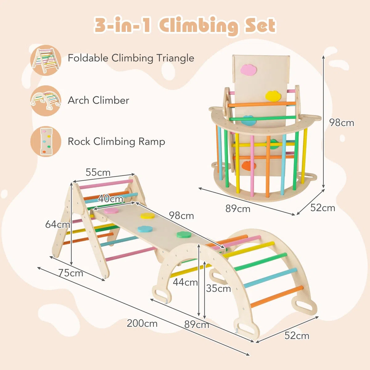 Fantask Struttura da arrampicata 4 in 1 legno con scivolo triangolo arco altalene per bambini 1 anno