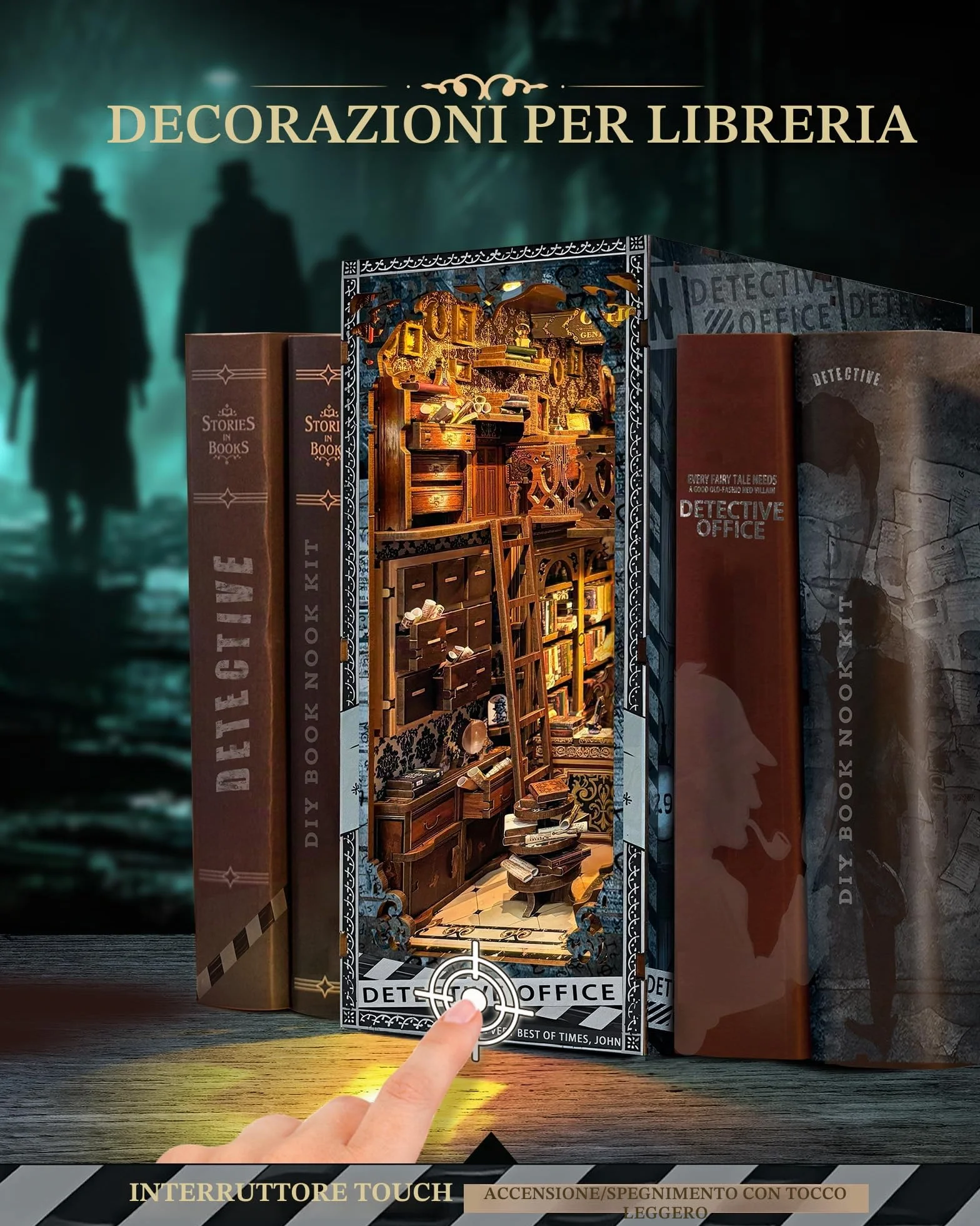 Quanquer Book Nook Kit_ con luce a LED, copertura antipolvere in miniatura, casa delle bambole in miniatura, libreria in legno 3D, puzzle in legno, detective office booknook(detective Office)