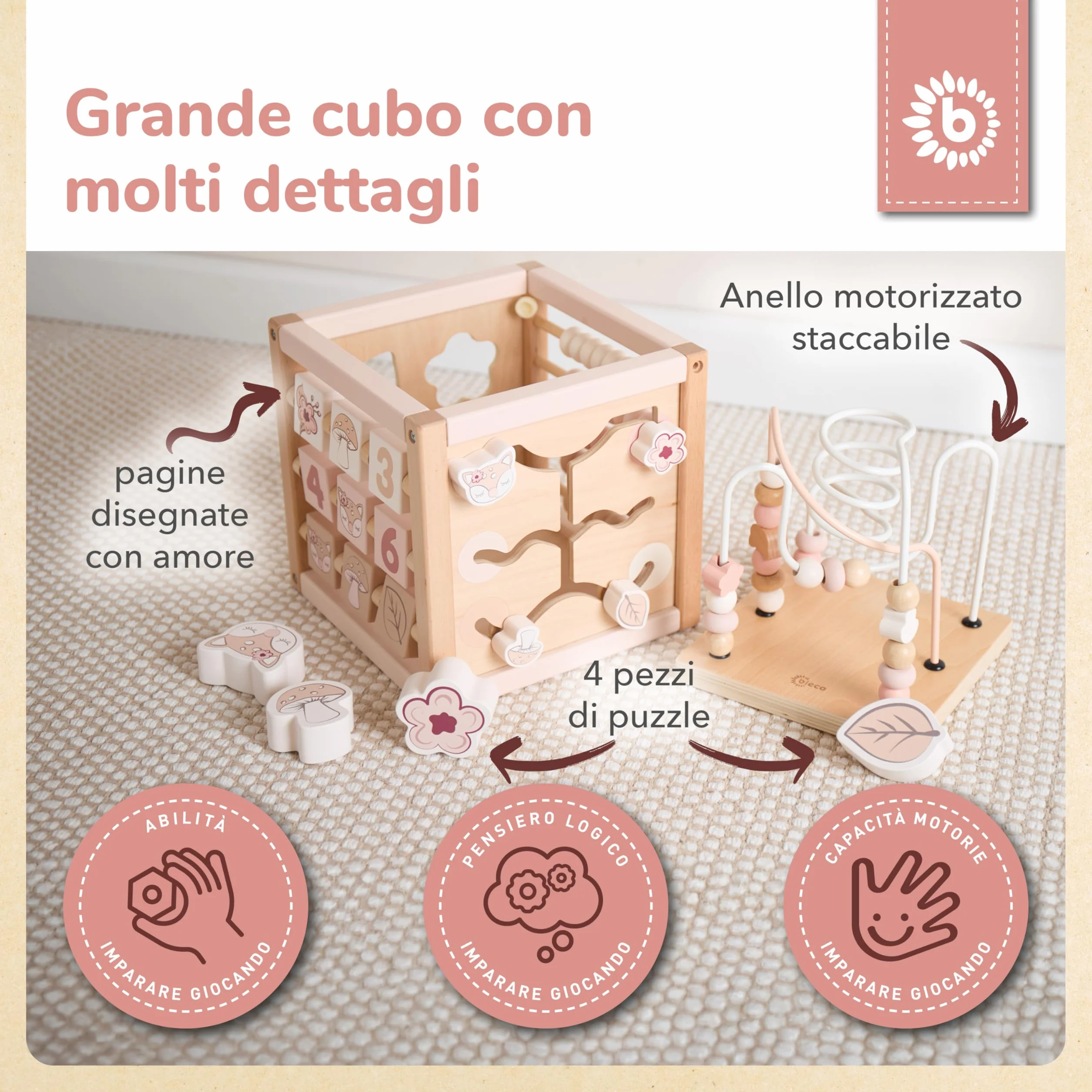Bieco REH Ella - Cubo motorio in legno sostenibile FSC®, giocattolo per bambini, a partire da 1 anno, cubo di attività Montessori