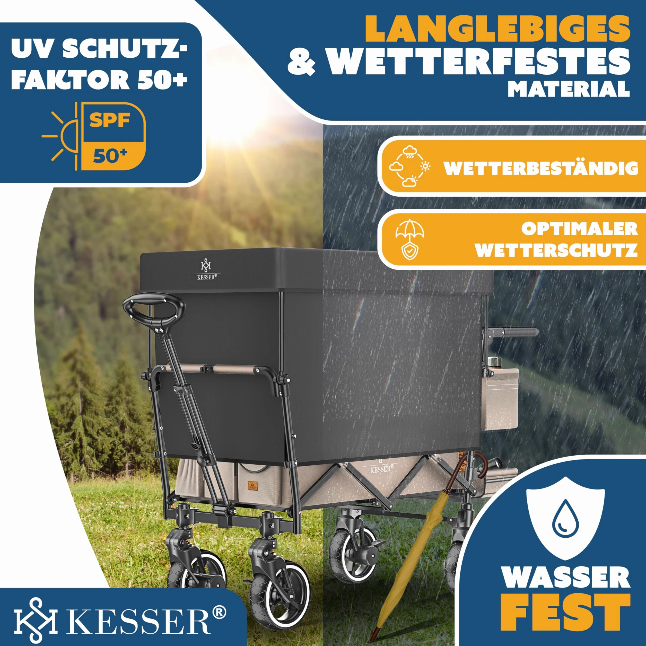KESSER GTS-9100 - Carrello pieghevole con tetto, portata fino a 150 kg, con ruote in gomma dura e freni di stazionamento anteriore/posteriore, con serratura, copertura, intemperie e protezione da