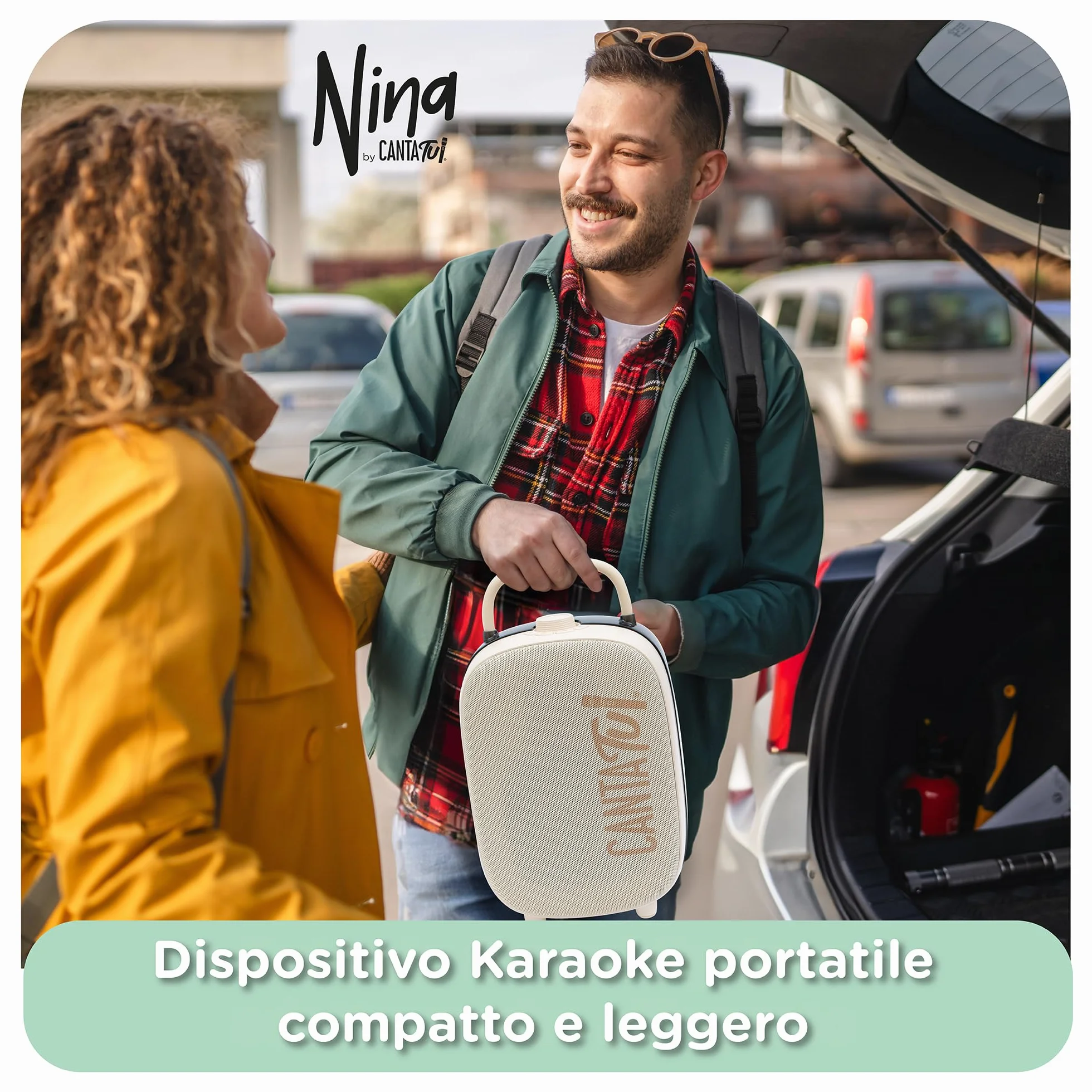 Canta Tu Nina Macchina Karaoke 2 Microfoni Wireless Bluetooth Altoparlante Portatile Luci LED Cambio Voci Beige
