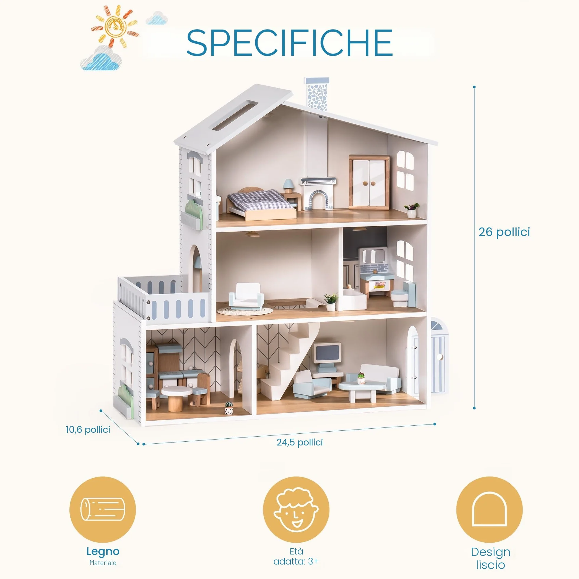 ROBUD Casa delle bambole in legno luci,3 piani, inclusi mobili e scale, giocattoli per bambini dai 3 anni in su