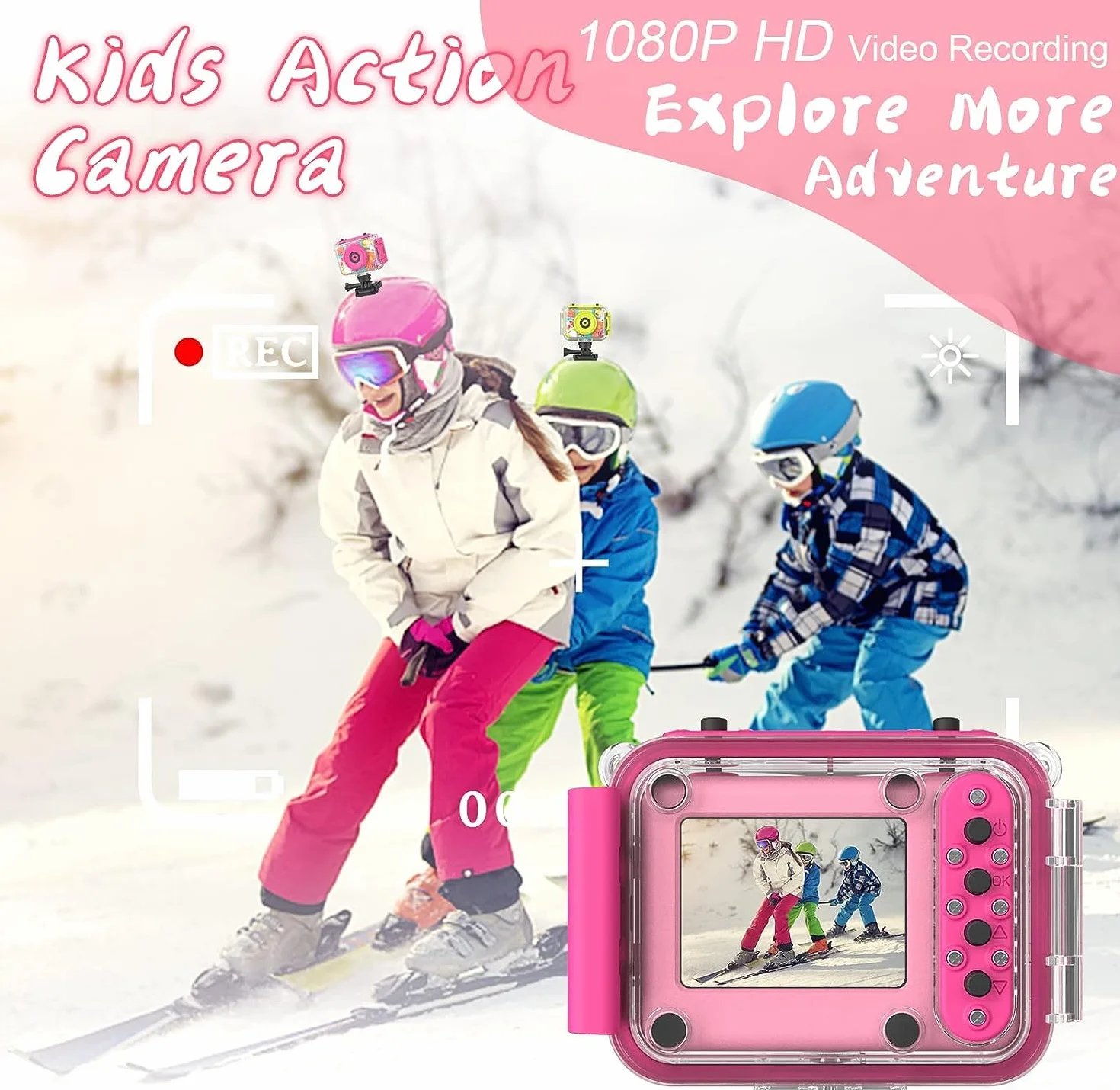 CHAKEYAKE Macchina Fotografica Bambini, 2.0” Fotocamera Digitale Impermeabile, 1080P 180 °Flip Len, Subacquea Macchina Fotografica Giocattolo Videocamera con Scheda SD 32G per Bambini 3-12 anni