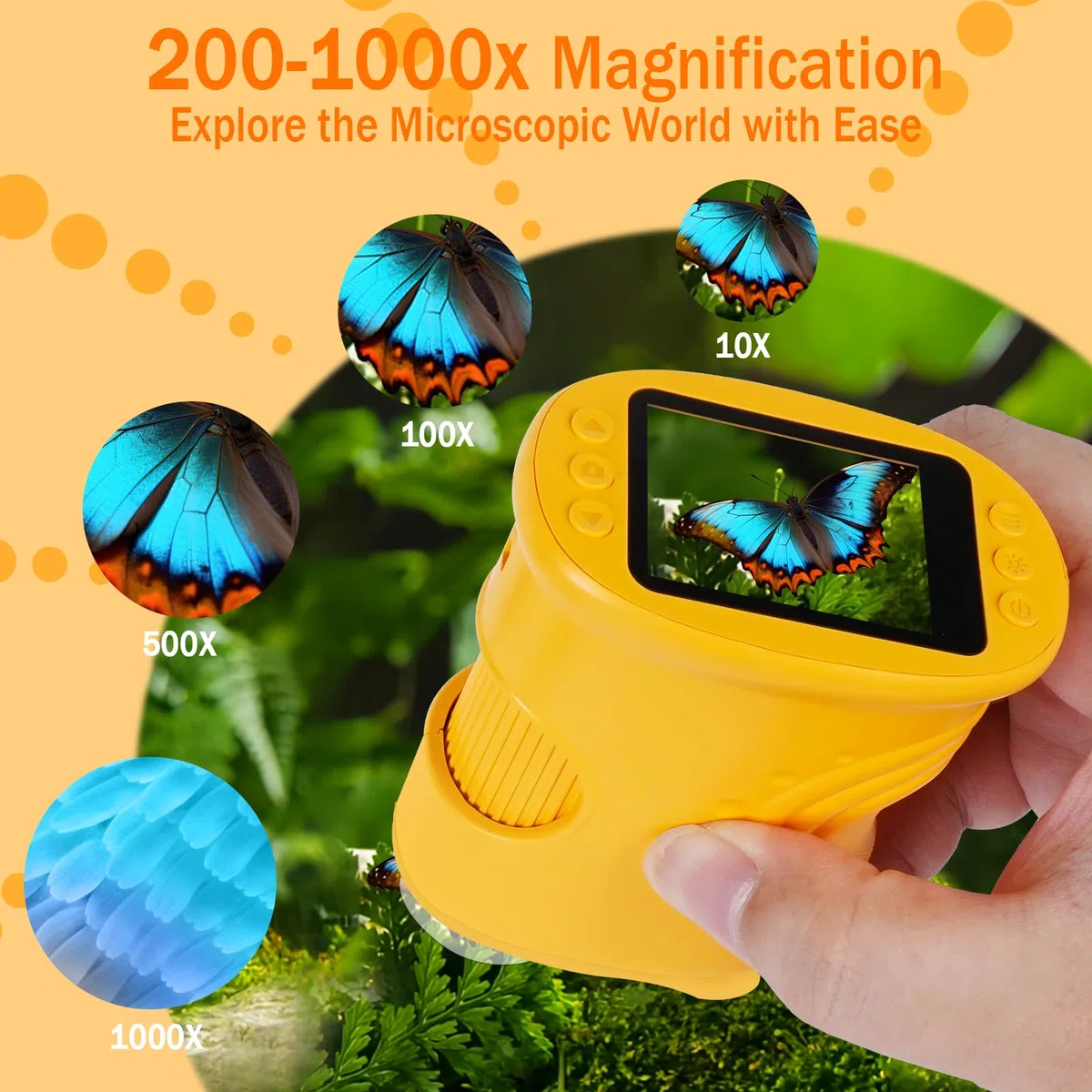 LURICO Microscopio Digitale Bambini Portatile con Schermo HD 1080P, 200-1000x Ingrandimento, Batteria Ricaricabile - Regalo STEM per Esplorazione all’Aperto e Aula, Bambini 4-12 (giallo)