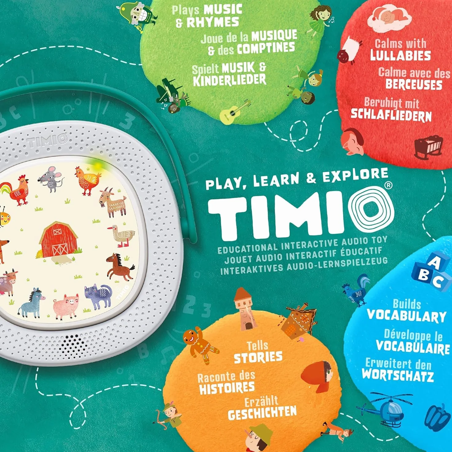 Lettore TIMIO + 5 dischi | Ascolta fiabe, storie, musica e filastrocche | Impara numeri, lettere e animali | 8 lingue incluse | Per bambini dai 2 ai 6 anni