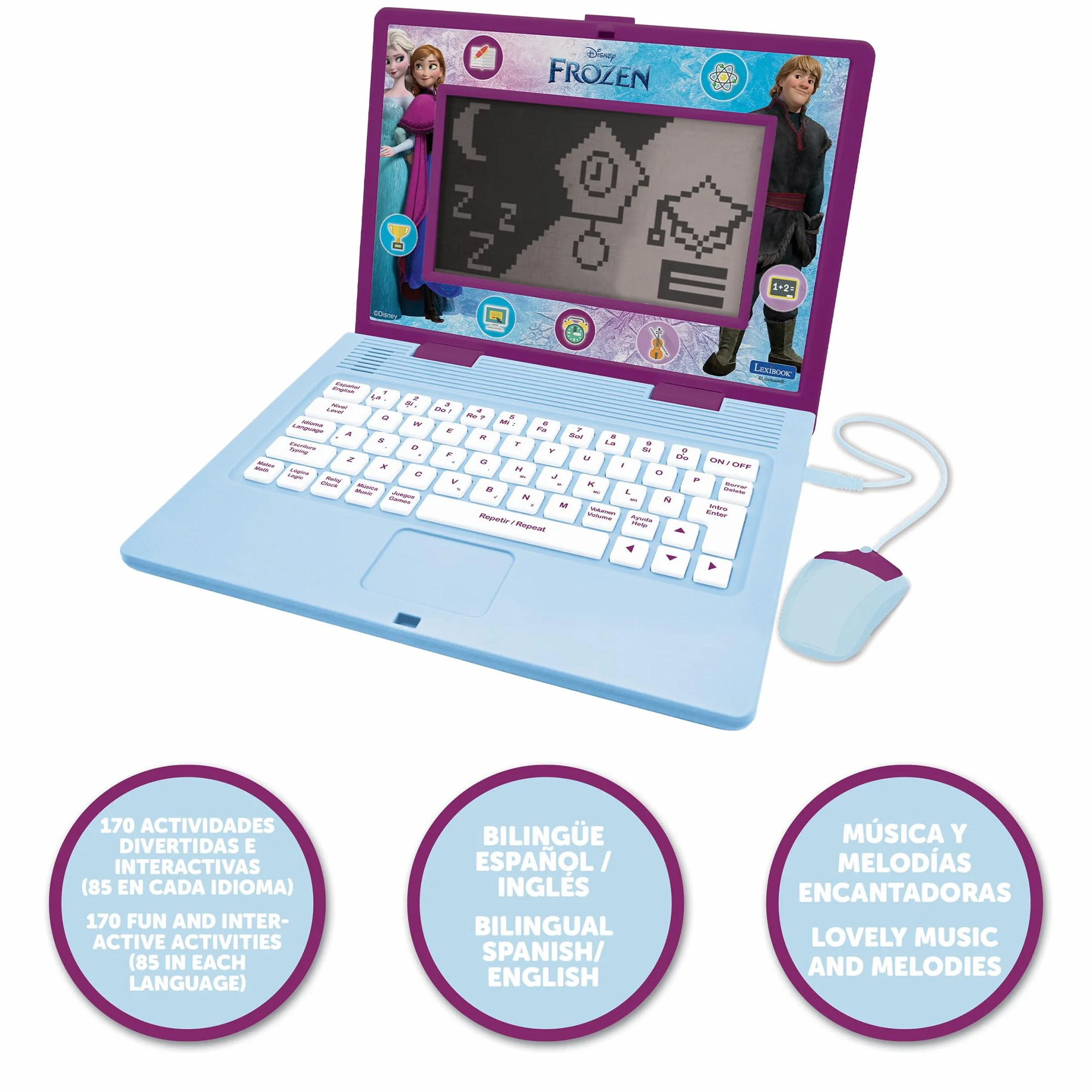 Lexibook, Frozen, Laptop bilingue ed educativo Spagnolo/Inglese, Giocattolo per Bambini, 170 attività da Imparare, Giocare e Musica, Schermo Grande, Viola/Blu, JC599FZi2