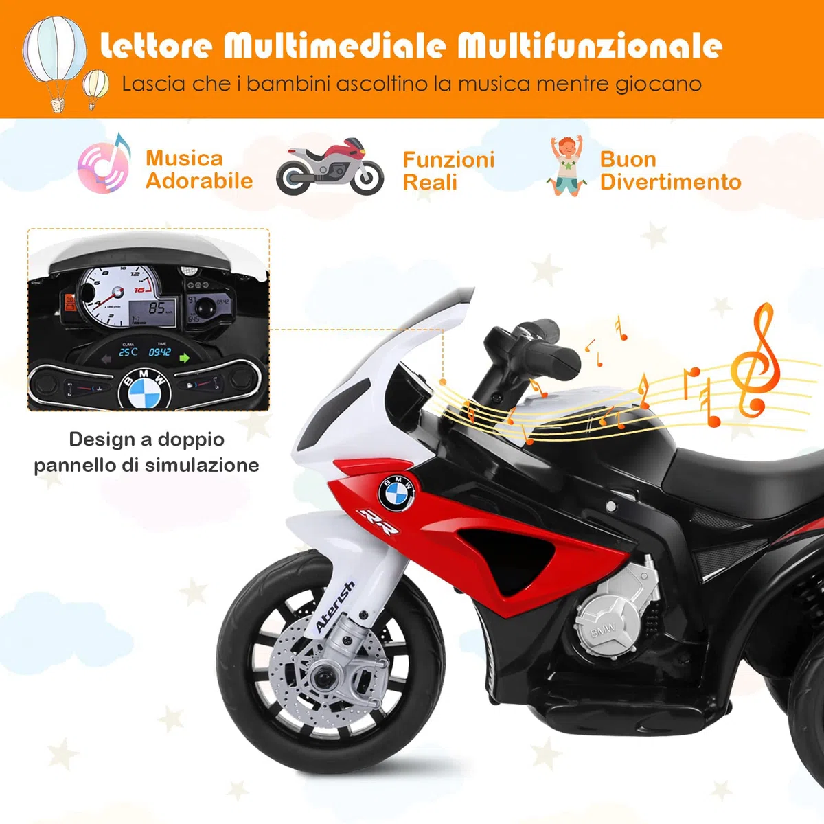 RELAX4LIFE BMW-S 1000 RR 6V Moto Elettrica Bambini 3 Ruote Musica Luci Clacson Triciclo Elettrico 18-36 Mesi 20 kg Rossa