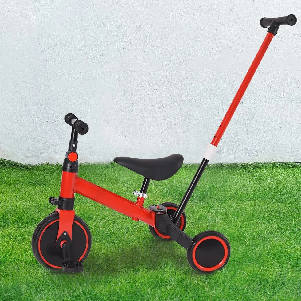 Triciclo Bambini, Triciclo Bimba e Bimbo con Maniglione ad Altezza Regolabile, Max 25 kg, Giochi per Bambini 18 Mesi, 2-5 Anni, Ruote Silenziose, Asta di Spinta-3 in 1 (rosso)