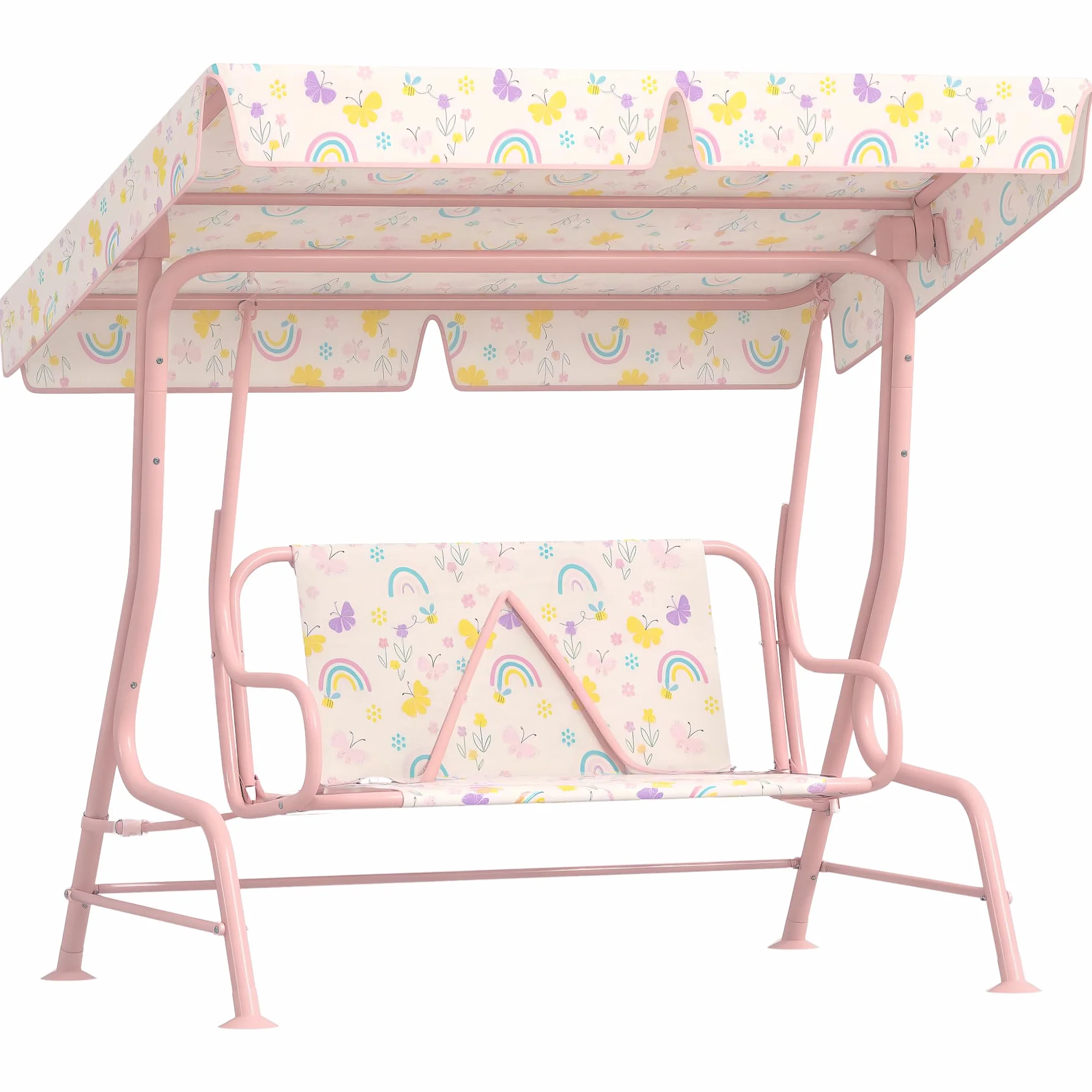 AIYAPLAY Dondolo per Bambini da Esterno a 2 Posti con Tettuccio Regolabile e Cinture di Sicurezza, Altalena Dondolo da Giardino e Interno in Acciaio e Oxford, Max 60 kg, 112x75x120 cm, Rosa