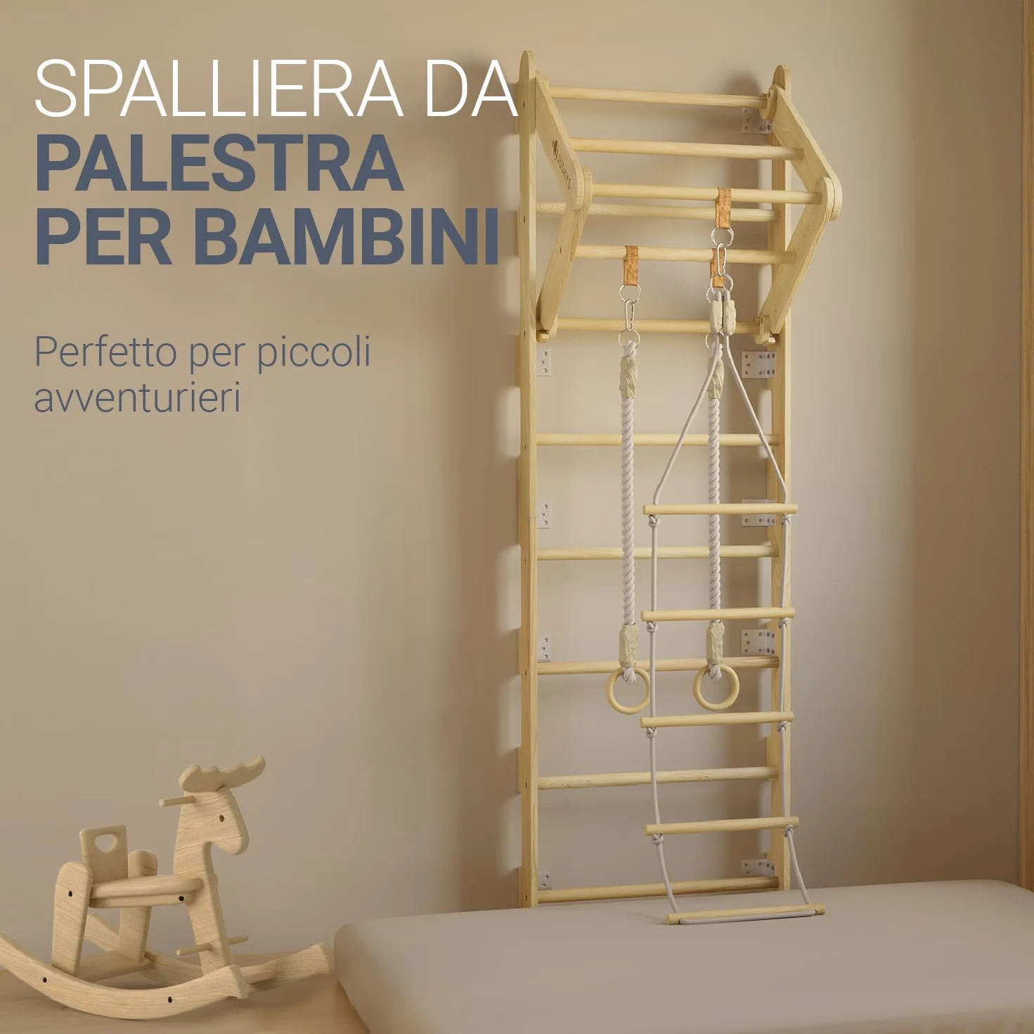 Juskys spalliera per bambini - con barra di trazione, struttura di arrampicata per interni con anelli ginnici e scala di corda, parete di arrampicata per la stanza dei bambini, barra ginnica