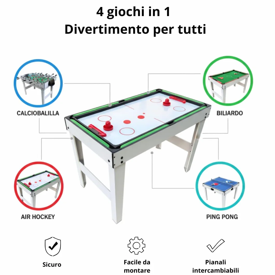Tavolo da Gioco 4 in 1 - Biliardino, Air Hockey, Biliardo, Ping Pong - Calcio Balilla Multigioco per Bambini - Tavolo Multifunzione in MDF