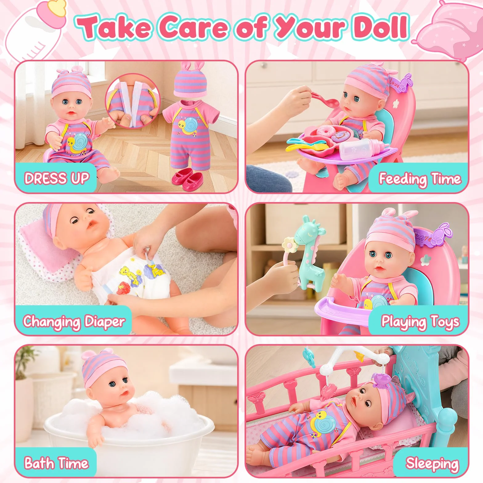 deAO Bambola con Accessori, Set da 21 Pezzi con Culla 12' Bambolotti Bebè Seggiolone e Lettino Giocattolo Educativo per Bambina 3+ Anni in su Idea Regalo per Natale o Compleanno