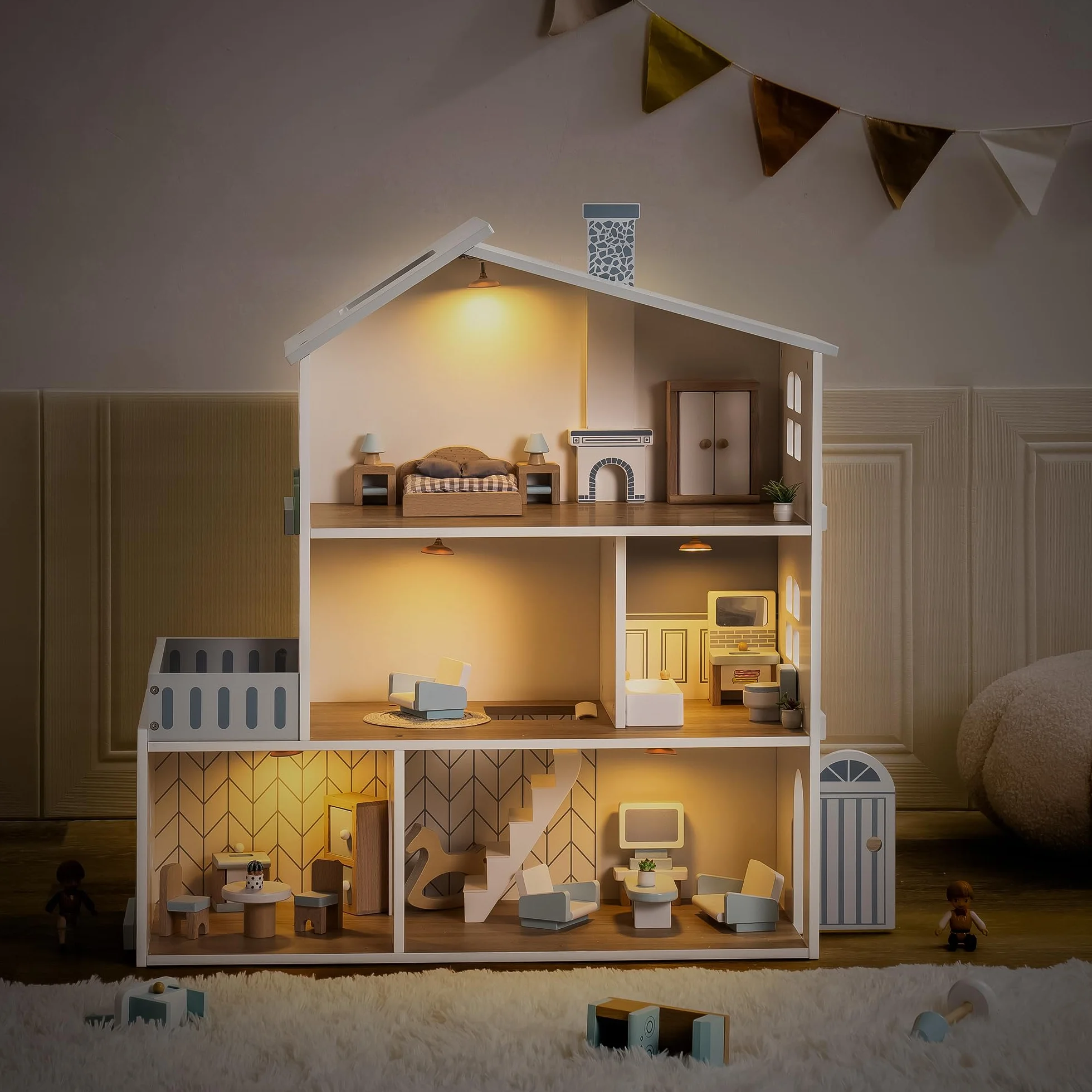ROBUD Casa delle bambole in legno luci,3 piani, inclusi mobili e scale, giocattoli per bambini dai 3 anni in su