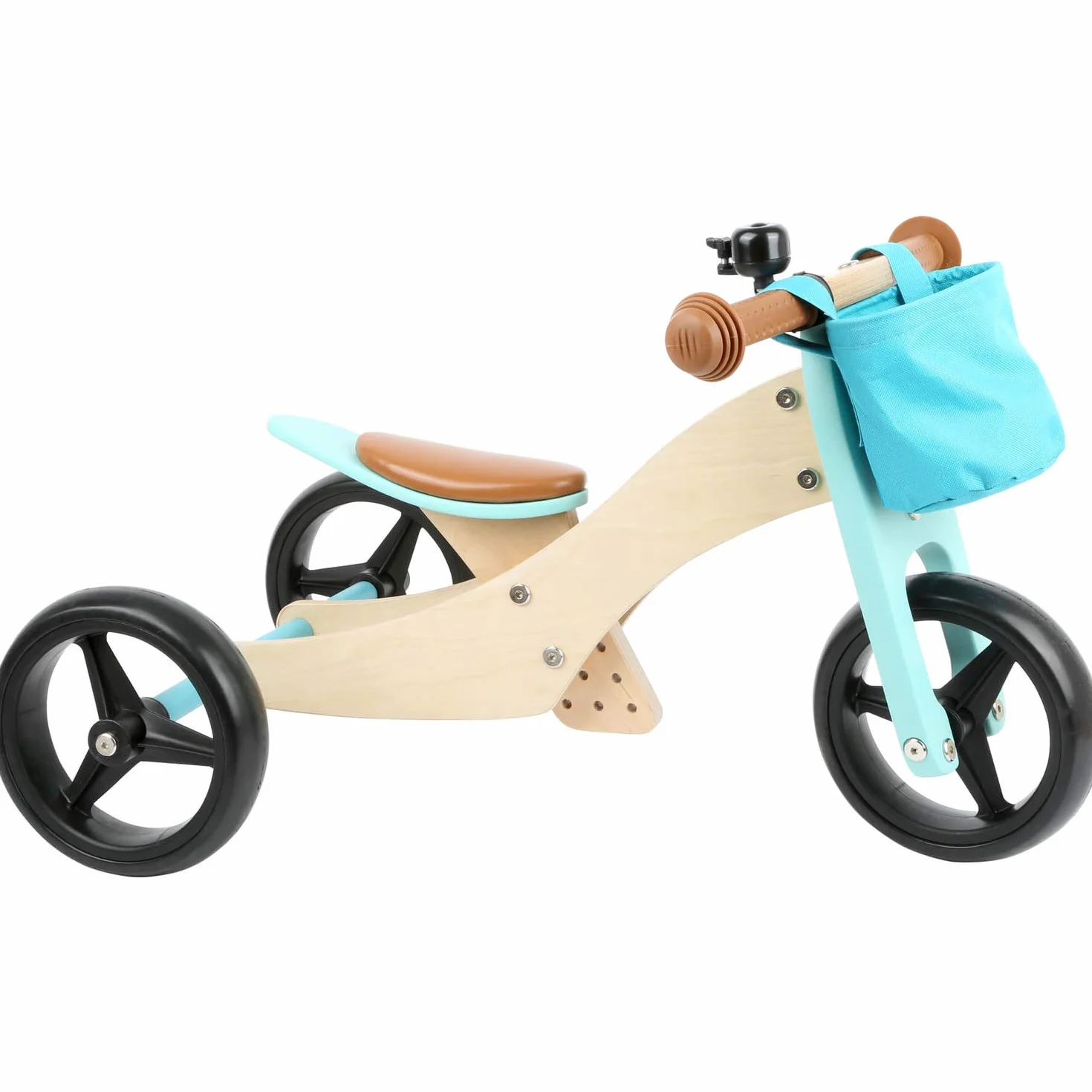 small foot Biciclettina Triciclo turchese in legno, 4 in 1 con sella regolabile e ruote gommate, da 1 anno, 11610