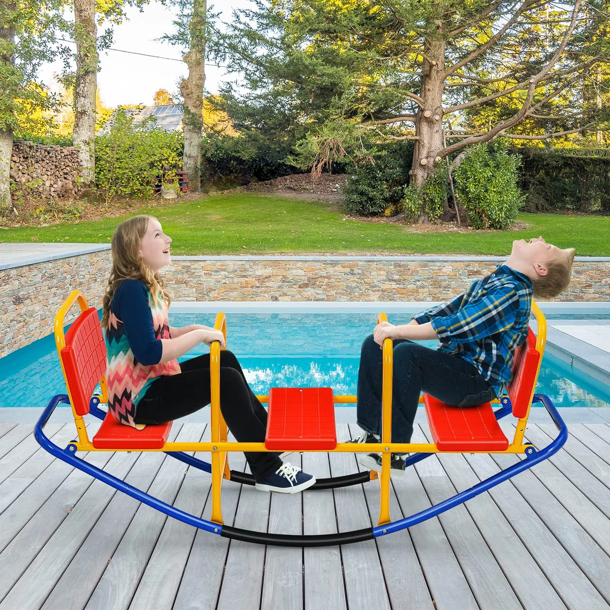 HOMASIS Altalena a Bilico per Bambini 3 Posti, Altalena a Dondolo in Metallo, Portata 90 kg, per Bambini 3-8 Anni (Rosso)