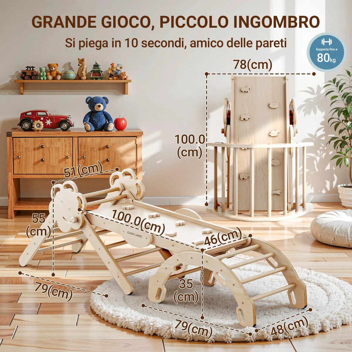 COSYLAND Triangolo di Pikler Regolabile 3 Livelli con Scivolo 8 in 1 per Bambini 18M-6Y Naturale