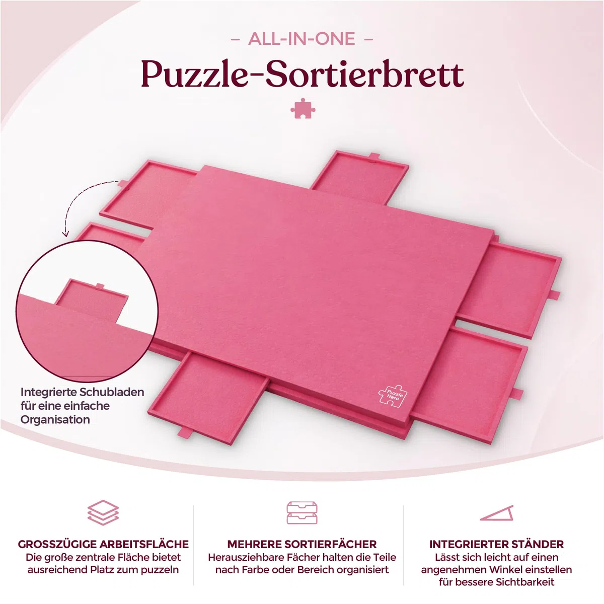 Tavola per puzzle fino a 1500 pezzi, NUOVO con piastre rinforzate da 0,88 cm, inclinabile, pieghevole, leggero, tavolo per puzzle portatile in feltro, 6 cassetti di smistamento, contenitore pieghevole