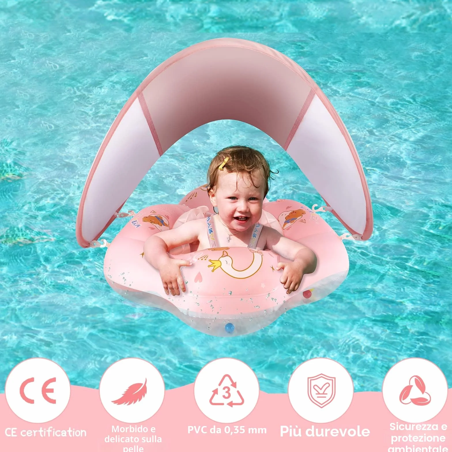 WYRIAZA Salvagente Neonato, Ciambella Neonato Mare | Salvagente Neonato con Parasole SPF 50+ | Salvagente Neonato 5-16Kgs Aggiornato con Sfera di Equilibrio per Evitare Il Ribaltamento