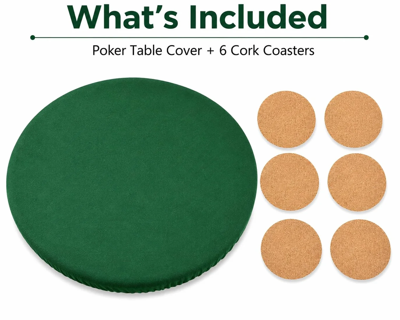 Katai – Copritavolo da Poker in Panno Verde per Tavoli Rotondi 90–120 cm – Antiscivolo e Fonoassorbente – Stile Casinò per Giochi da Tavolo – Con 6 Sottobicchieri in Sughero