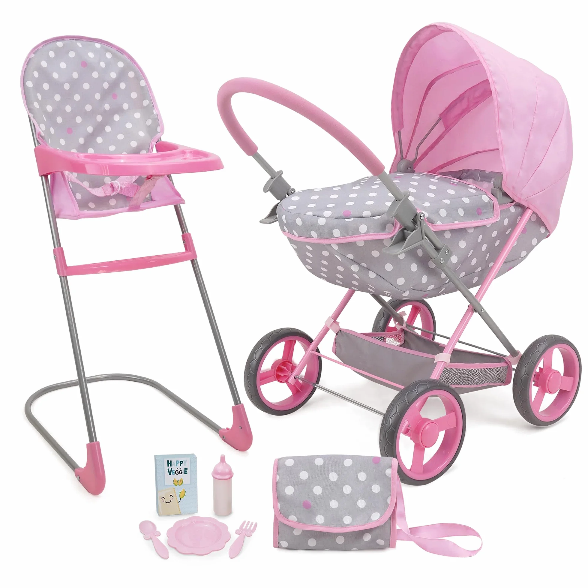 509 Crew Doll Pram n Feed 8 Piece Combo Play Set, Classic Doll Pram, Doll High Chair, Diaper Bag, 5 Piece Feeding Toys, for Dolls 46cm, Pretend Play for Kids Ages 3+