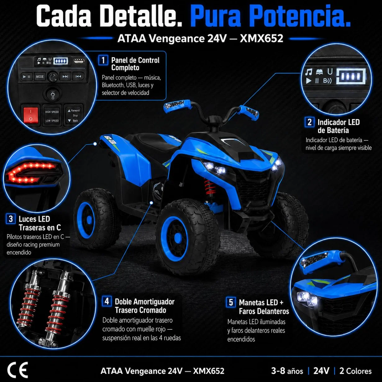 Quad elettrico per bambini 24 V ATAA Vengeance blu moto a batteria per bambini con telecomando luci LED musica e Bluetooth