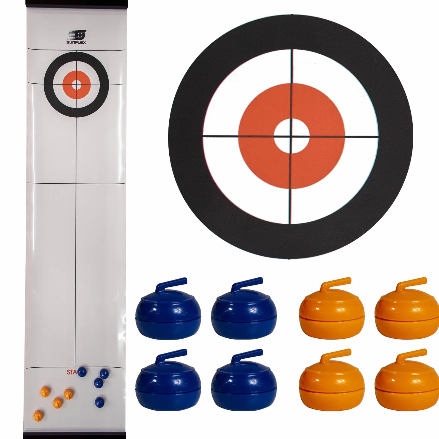 Sunflex Mini gioco da bowling da tavolo, mini gioco di bowling per tutte le età, bambini e adulti, portatile, include 6 perni, 2 dischi scorrevoli per palle da bowling e 1 tappetino liscio da 120 cm x