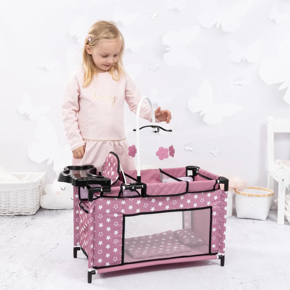 Bayer Design letto per bambole multiplo con scomparto seggiolone integrato giostrina accessori