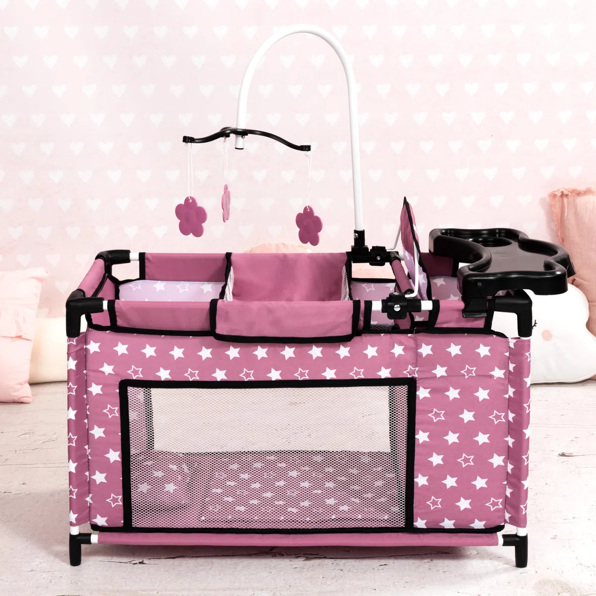 Bayer Design letto per bambole multiplo con scomparto seggiolone integrato giostrina accessori