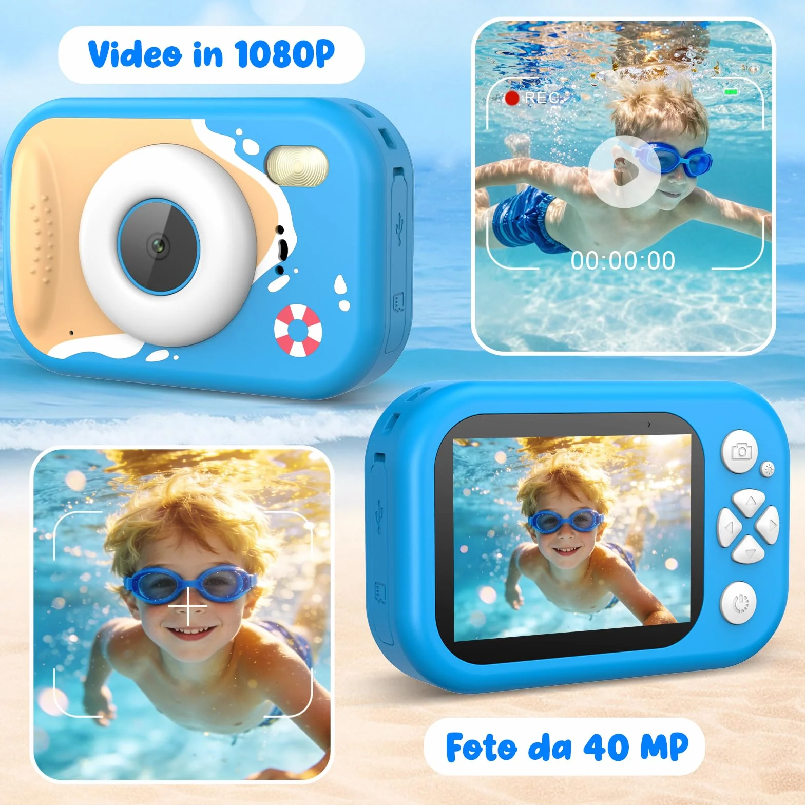 Macchina Fotografica Bambini, 1080P Macchina Fotografica Subacquea Professionale Bambini con 2,4" Schermo, 32GB Scheda, 10M Fotocamera Impermeabile Digitale Regalo per Bambini da 3-12 Anni