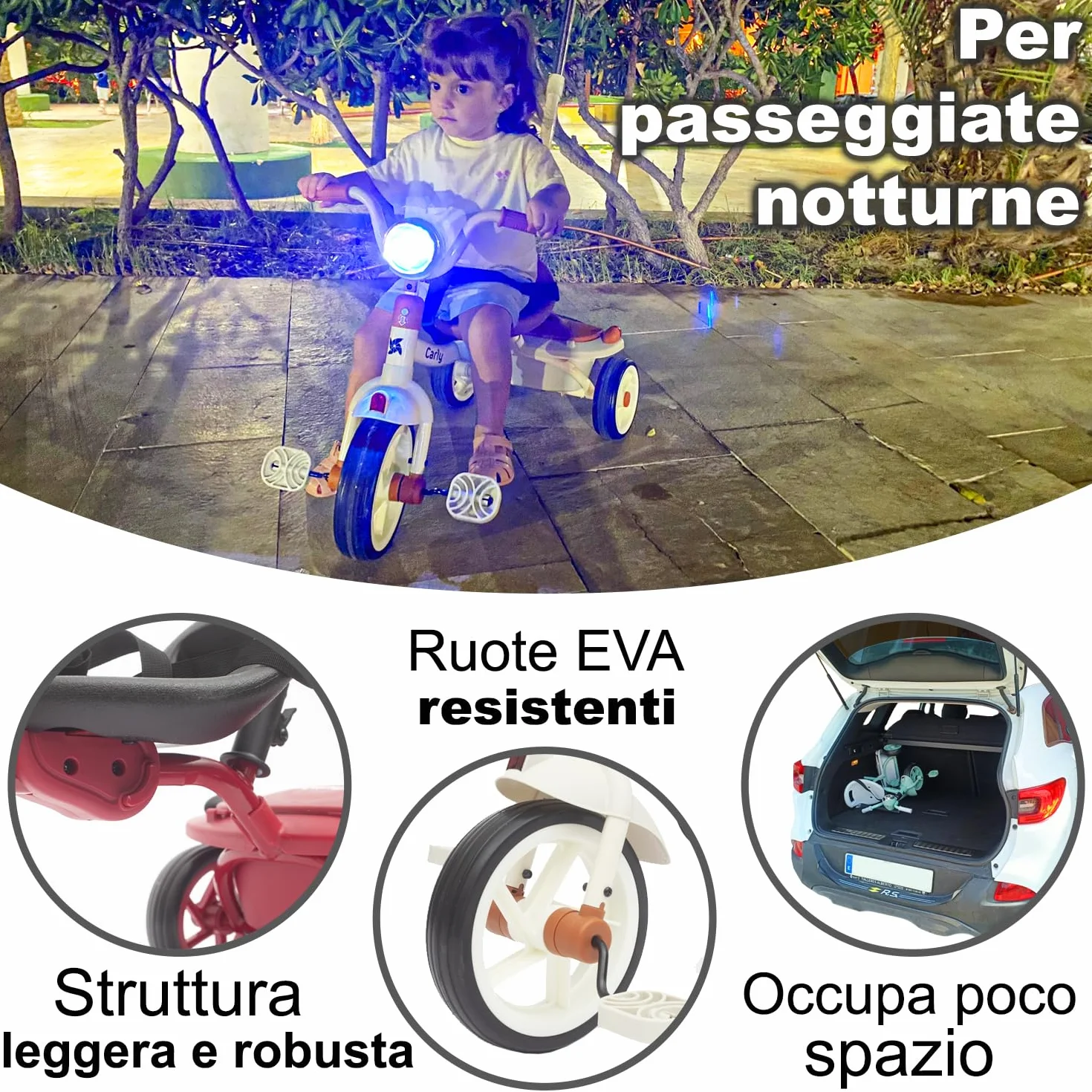 Twinly Triciclo Evolutivo per Bambini Pieghevole per bambini 1-5 Anni - Triciclo per Bambini Leggero e Compatto - Manubrio con Luce e Suono, Cestino e Barra di Spinta Regolabile Carly (Bianco)