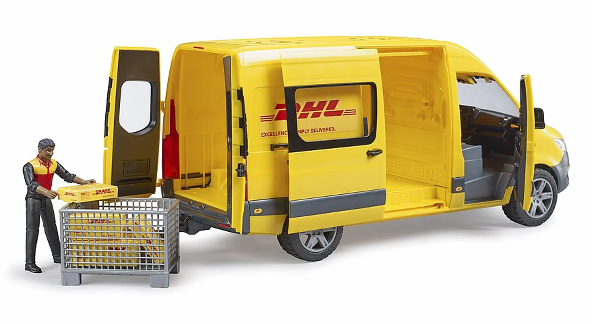 bruder - 02671 - MB Sprinter DHL con autista incluso box pallet con pacchi di spedizione, veicolo, trasportatore