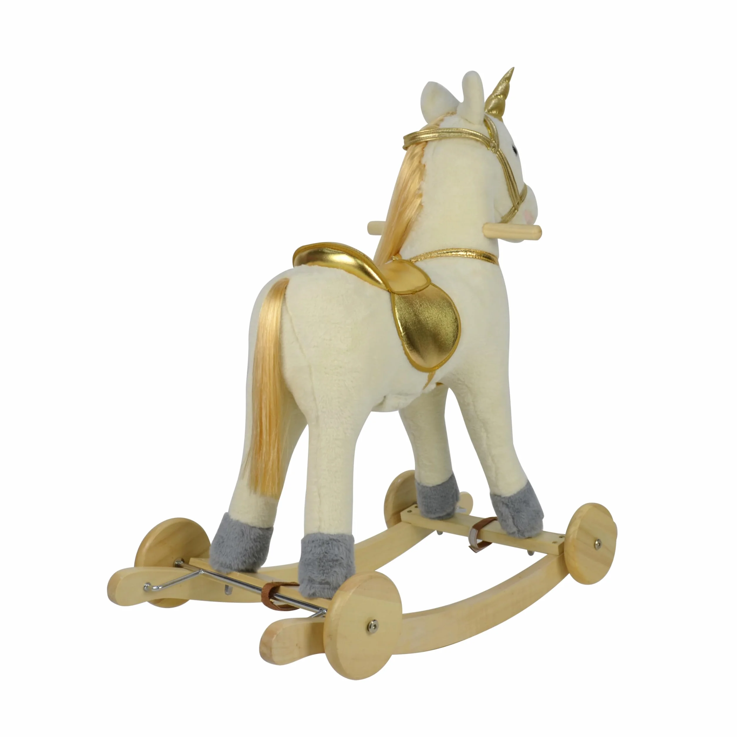 Cavallo a Dondolo per Bambini 36-72 Mesi Unicorno a Dondolo Cavalcabile in Legno e Peluche con Rotelle Suoni e Movimenti Realistici 74x30x62 cm (Bianco e Oro)