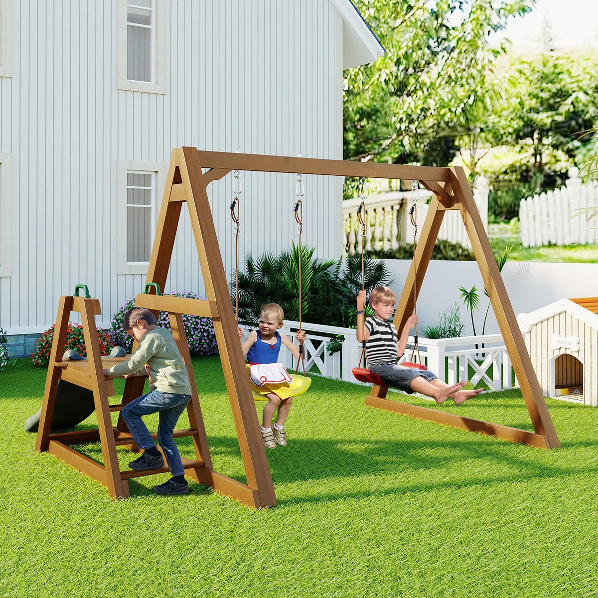 Altalena Doppia per Bambini con Scivolo e Scaletta, Struttura in Legno Massello per altalena da Esterno, Altalena per Due Persone 238,5 x 240 x 168,9 cm