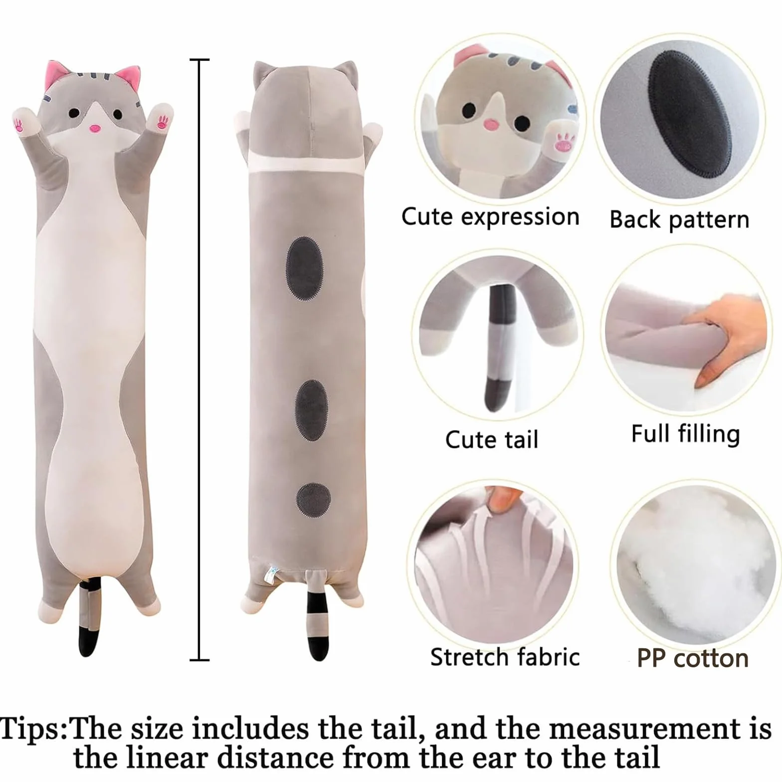 Gatto Peluche Morbido Abbraccio Cuscino Imbottito Animale Carino Kitty Sleeping Throw Regalo per Bambini (130cm/51.1inch, Grigio)