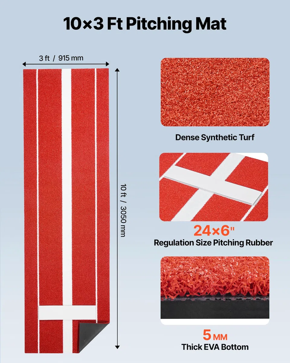 VEVOR Tappetino da lancio per softball/baseball con tumulo in gomma, anti-scolorimento e retro in schiuma antiscivolo, portatile, per allenamento Fastpitch per allenamento al chiuso e all'aperto, 3 x