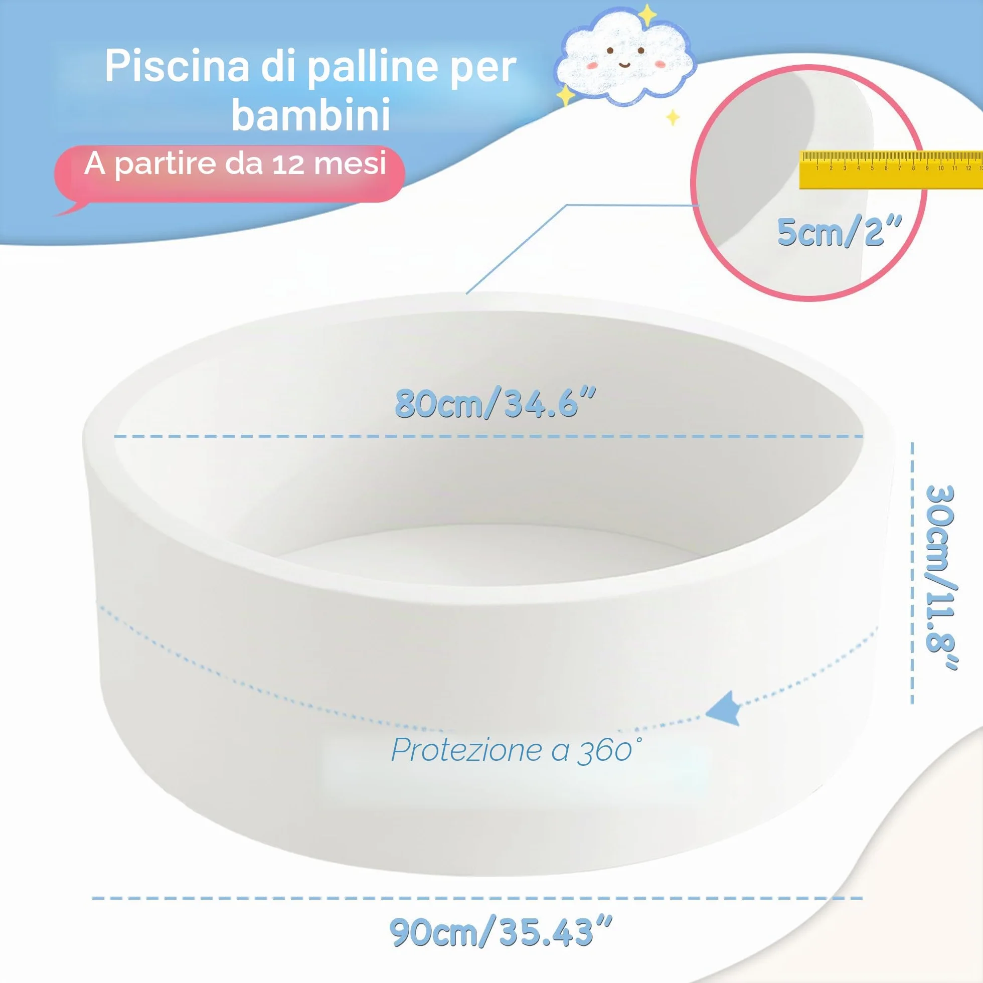 Piscina per palline in schiuma 89,9 x 30 cm, per bambini dai 1 ai 3 anni per ragazzi e ragazze, palline non incluse, bianco