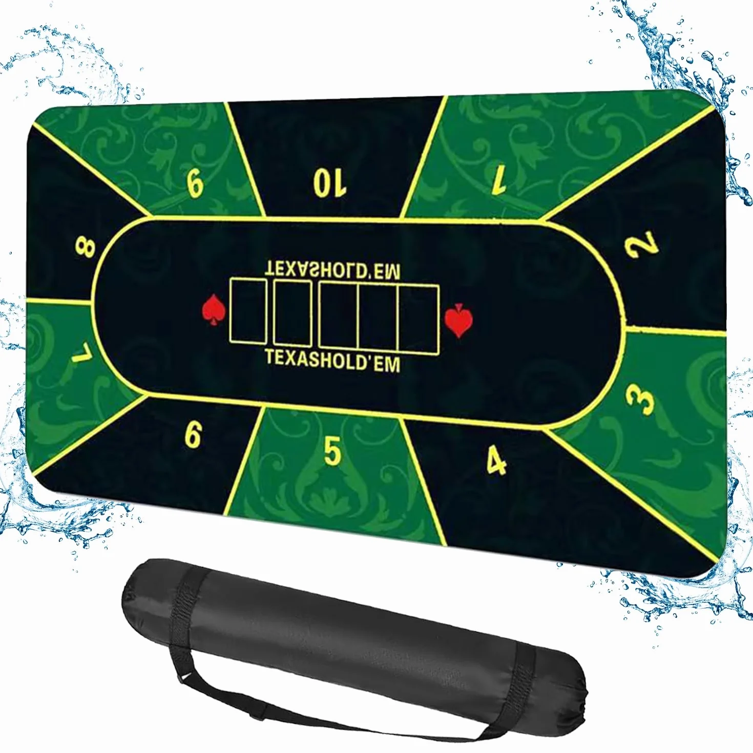 Tappetino da poker, 180 x 90 cm, 10 giocatori Texas Hold'em Poker, in gomma, topper per tavoli, portatile, per giocare a carte, PokerGames, Blackjack, Casinò, con borsa per il trasporto