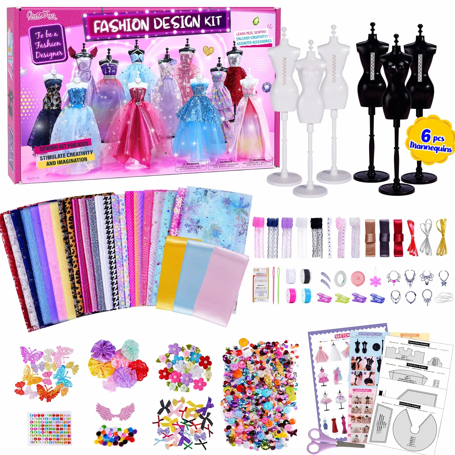 ONE TO FOUR 1000+ Pezzi – Kit Di Design Di Moda Per Ragazze con 6 Manichini, Kit Per Arte e Artigianato Creativi, Kit Da Cucito Per Bambini, Regalo di Compleanno per Bambine, 6 7 8 9 10 11 12+ anni