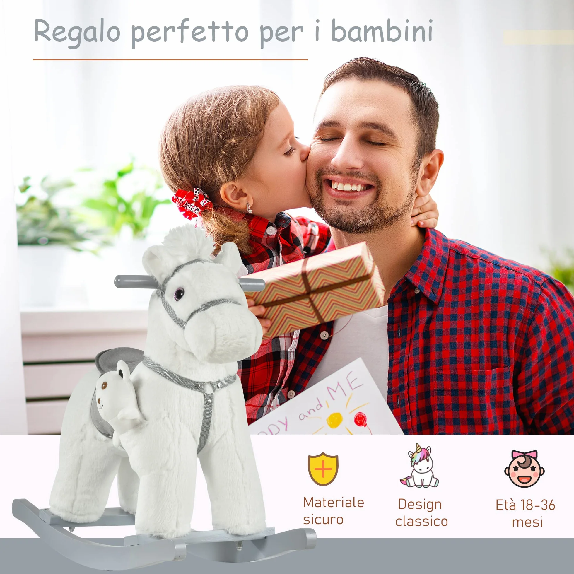 HOMCOM Cavallo a Dondolo per Bambini in Peluche e Legno con Suoni e Orsetto Incluso, per Bimbi da 18-36 Mesi, 65x26x55cm, Bianco