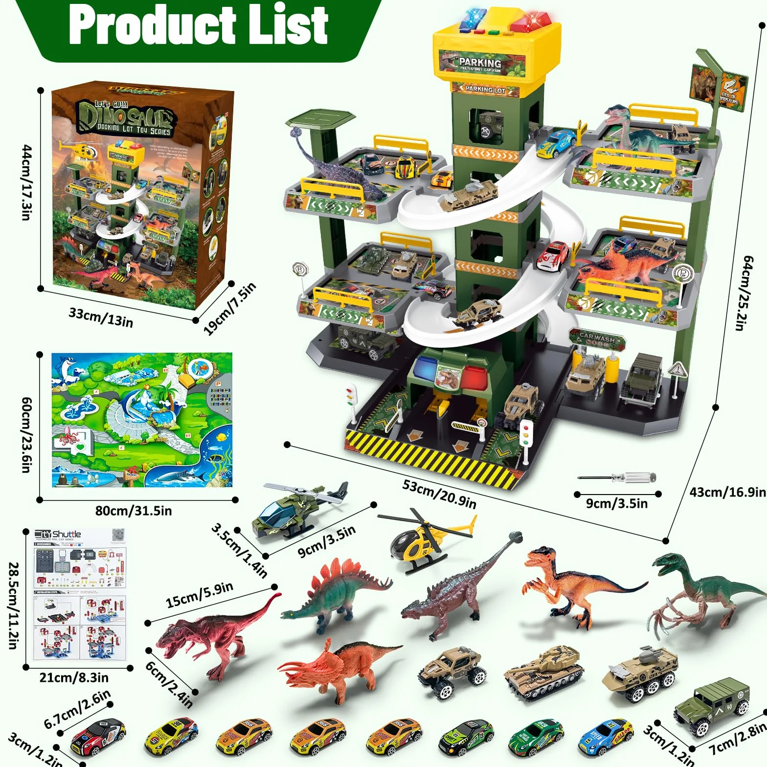 BuzzoXerex 5 Piani Garage Mmacchine per Bambini, Parcheggio Macchinine con 14 Autos e 2 Elicottero, Giocattolo Auto Garage con Ascensore e Rampe, Idea Regalo per Bambini 5 6 7 8 9 Anni (Dinosauro)