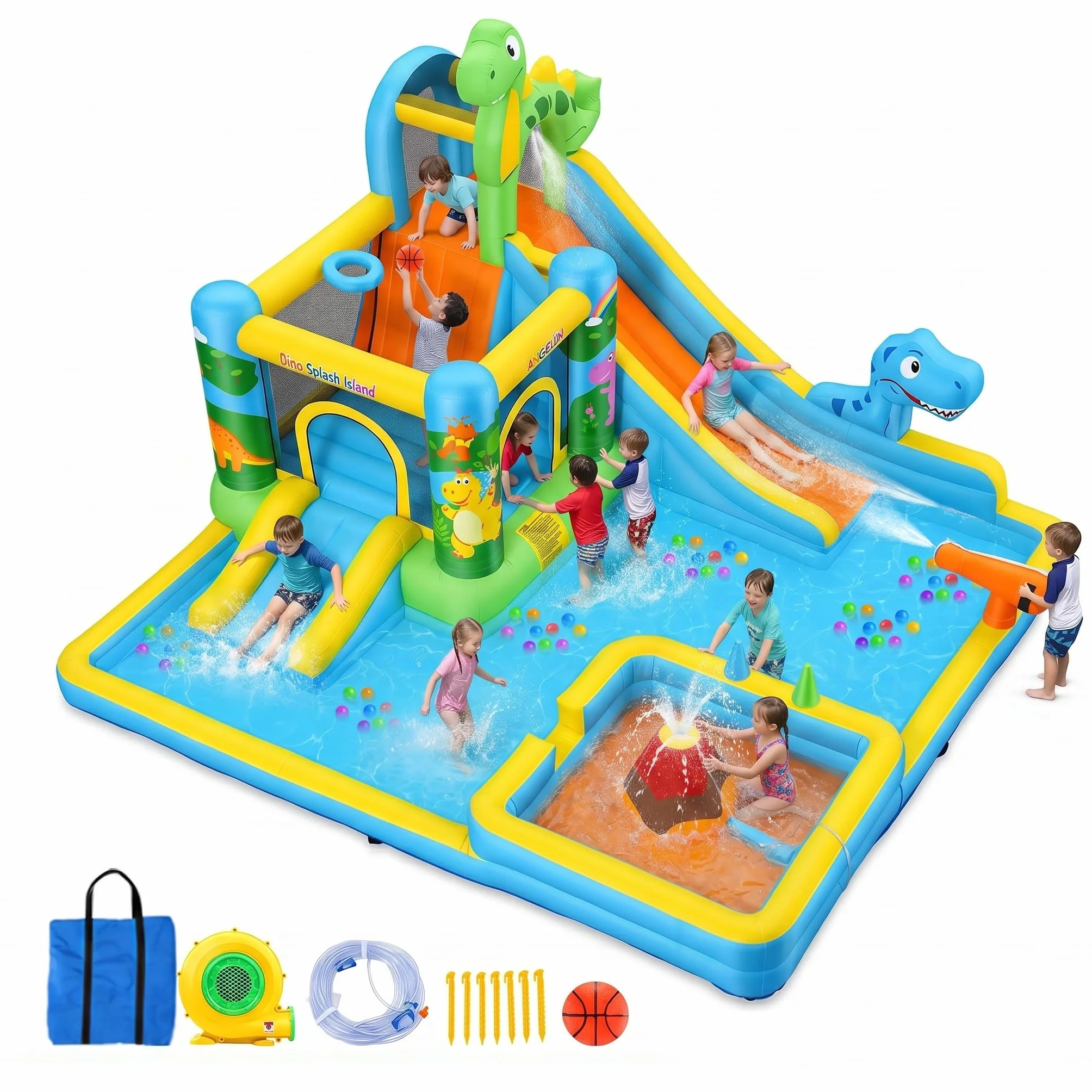 Gonfiabile acquascivolo castello gonfiabile con ventilatore per bambini 3+ anni, scivolo asciutto/acqua, parco acquatico dinosauro con 2 scivoli, piscina per bambini e piscina, cestino da basket