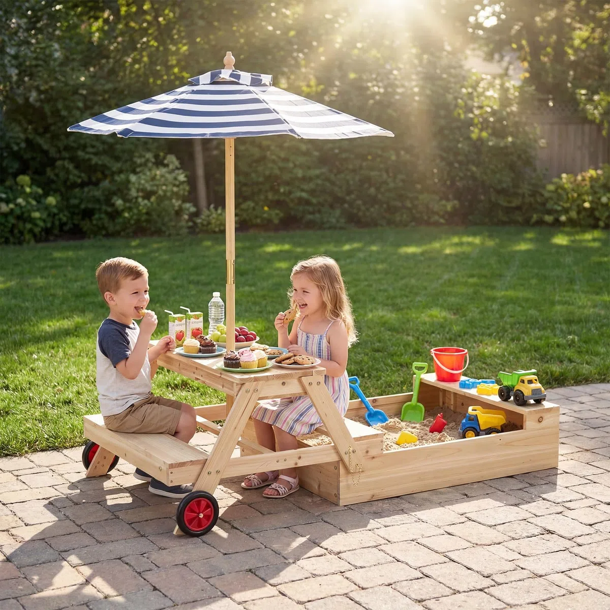 COSTWAY 3 in 1 Sabbiera in Legno, Tavolo da Picnic per Bambini Trasformabile con Panche, Ombrellone Rimovibile e Ruote, Set da Gioco per Bambini 3-5 Anni, per Esterno e Giardino