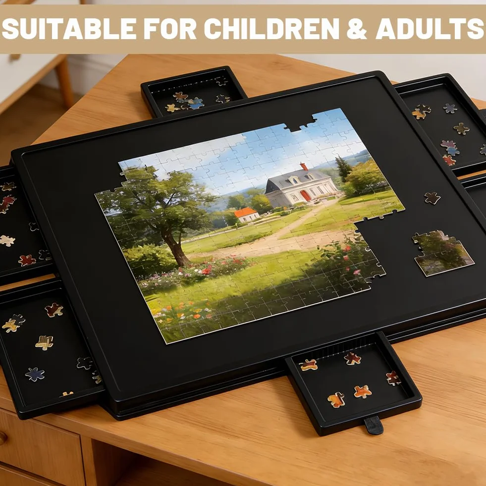 Tavolo puzzle 1000 pezzi, puzzle portatile con 6 cassetti, custodia leggera in feltro, contenitore portatile per 1000 pezzi, tavolo puzzle ribaltabile, per adulti e bambini (nero)