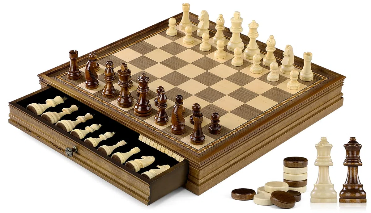 Peradix Scacchi Dame Game 2 in 1 Scacchiera Magnetica in Legno di Noce 38 x 38 cm con Cassetto