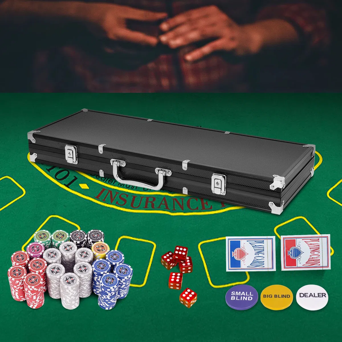 RELAX4LIFE Set Poker 500 Pezzi Custodia Alluminio Rigido Carte Dadi Tessuto Gioco Pulsante Dealer Argento