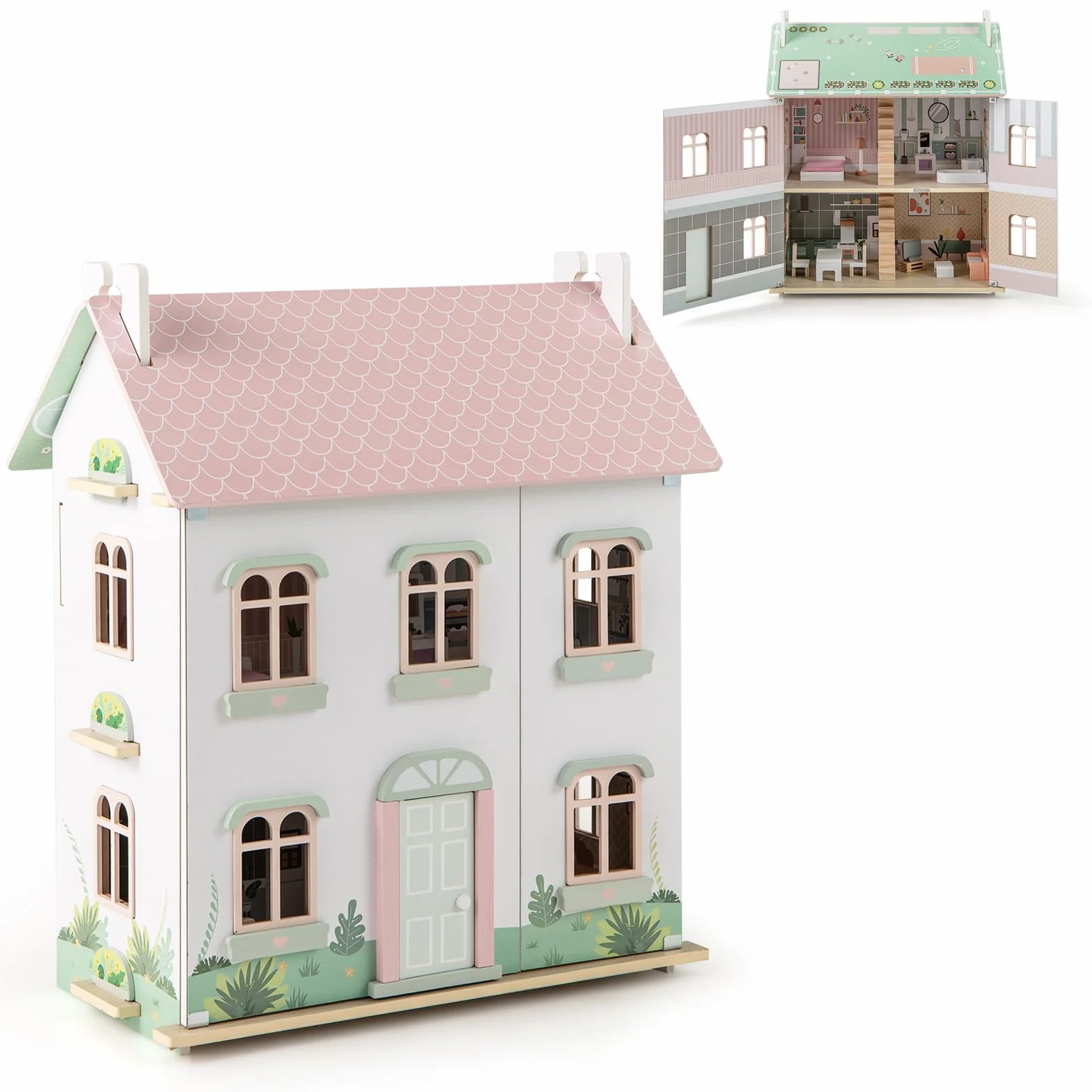 HOMASIS Casa delle Bambole per Bambini a 3 Piani, Casa da Sogno per Bambole in Legno con Mobili, Accessori, Tetti a Doppia Faccia, Villa delle Bambole di 3+ Anni, 55 x 33,5 x 66 cm, Rosa