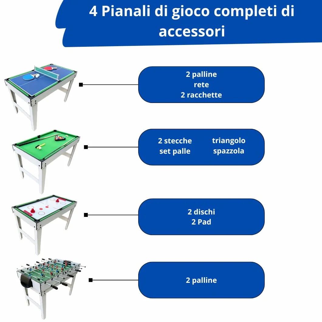 Tavolo da Gioco 4 in 1 - Biliardino, Air Hockey, Biliardo, Ping Pong - Calcio Balilla Multigioco per Bambini - Tavolo Multifunzione in MDF