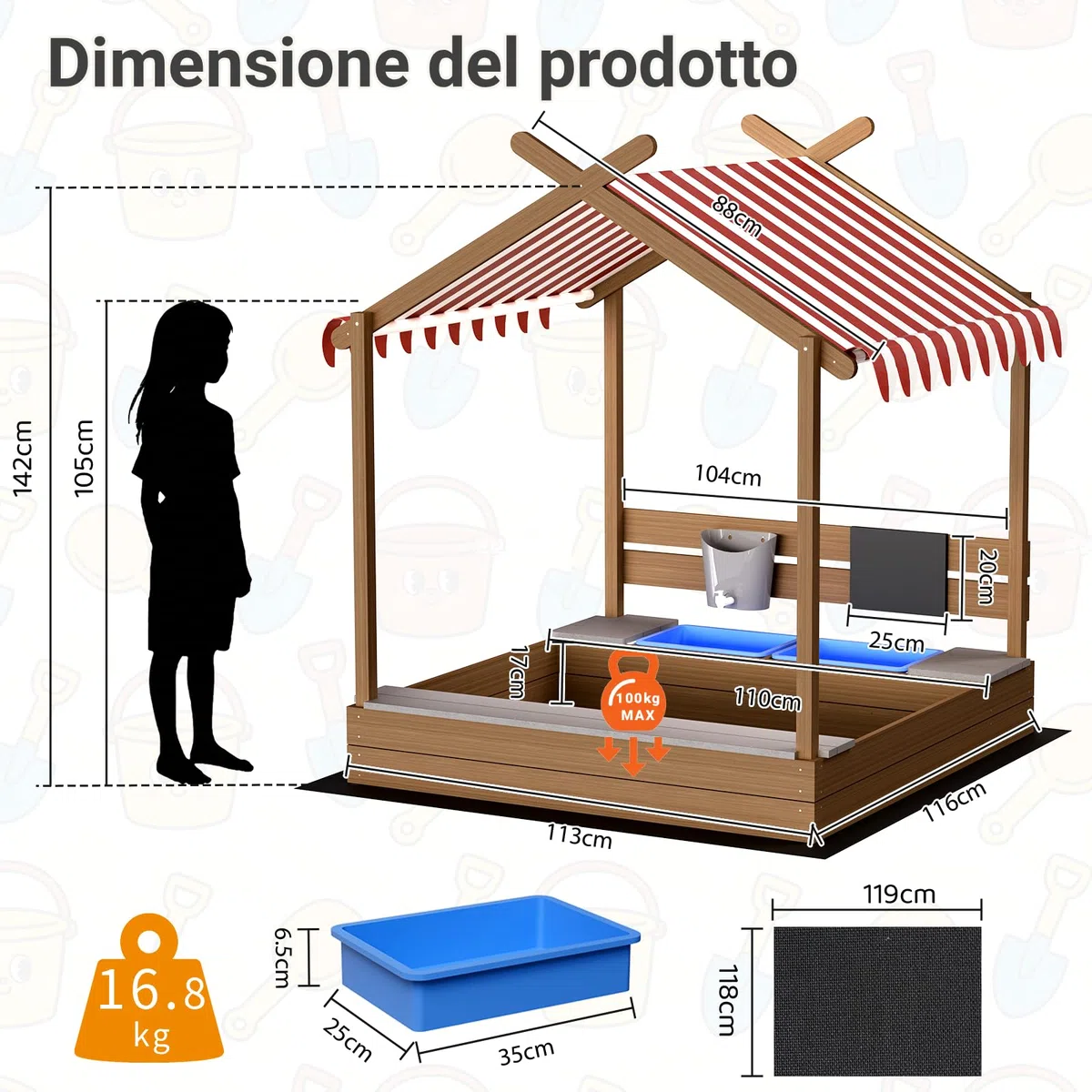 MAMIZO Grande Sabbiere da Esterno per Bambini 3-10 anni, Sandbox in Legno con Tetto, Recinto di Sabbia con Lavagna, Rubinetto, 2 Bacinella, Giardini Playhouse per Spiagge, Balconi, 113x116x142 CM