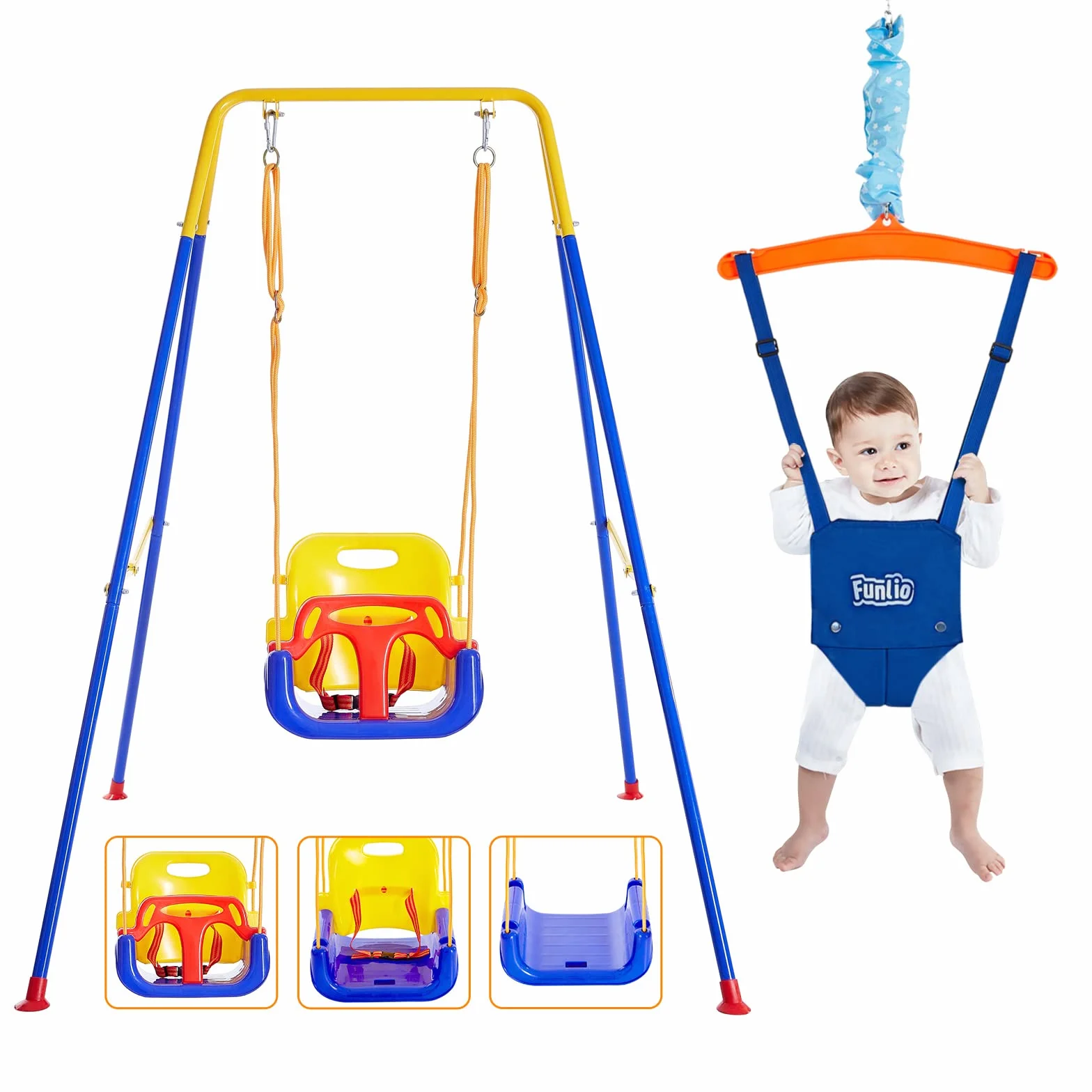FUNLIO 2-in-1 Altalena e Altalena da Porta per Bambini, Altalena Resistenti con 4 Sacchi di Sabbia, Supporto in Metallo Pieghevole per Giochi al Coperto/Esterno, Facile da Montare e Riporre